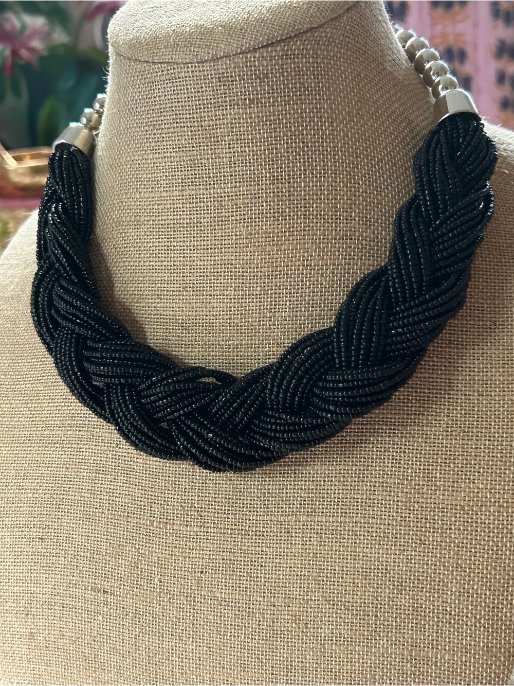 Black glass beaded braided statement necklace